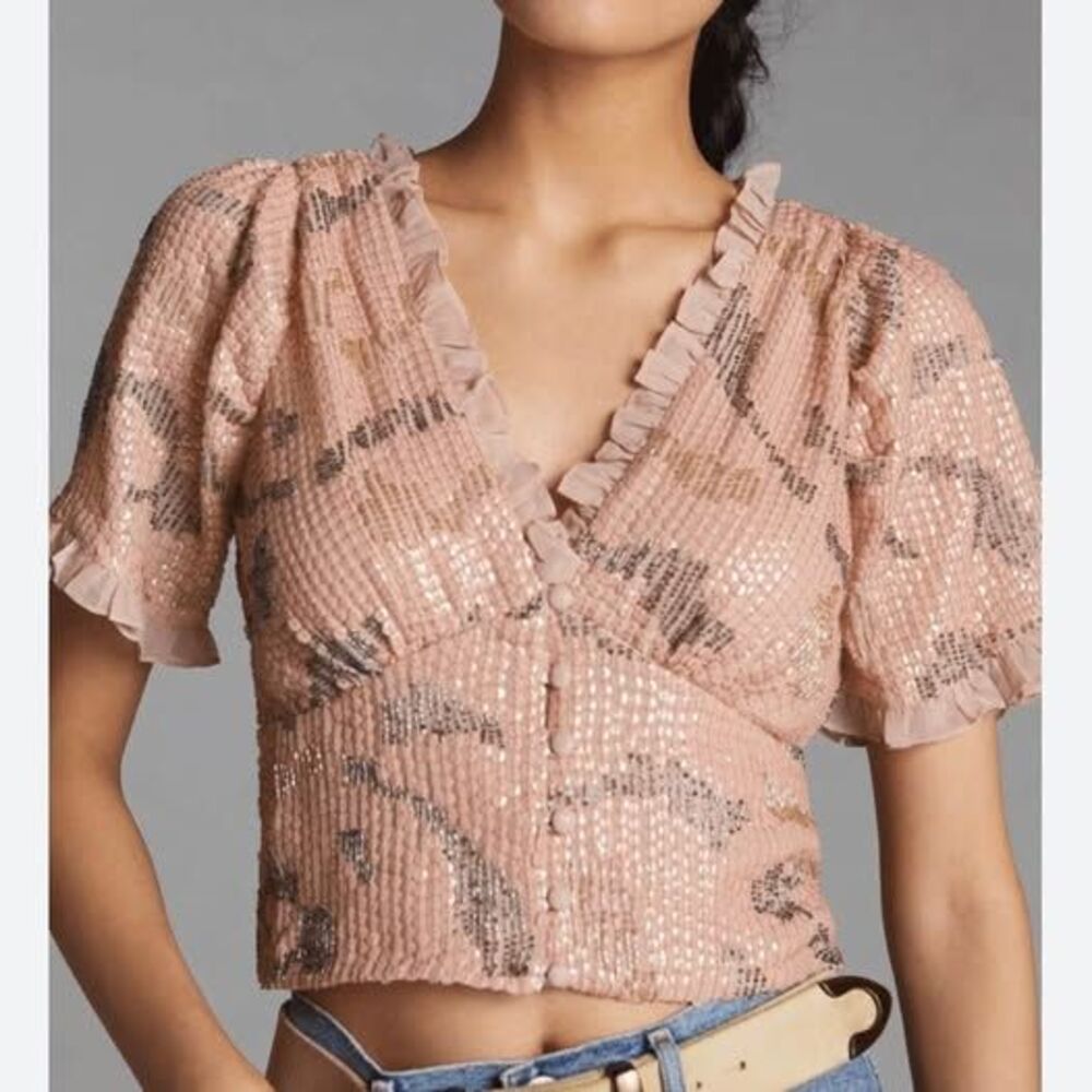 NWT Anthropologie Pink Sequin Ruffle Cropped Top. Sz 1X - Picture 1 of 10